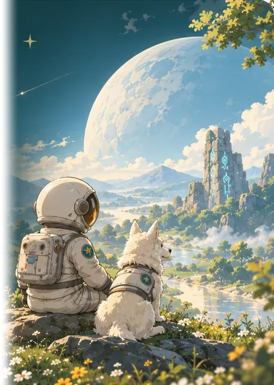 Astronauta z psem siedzą na skale porośniętej kwiatami i patrzą na dolinę z rzeką i świecącą skalną wieżą; nad horyzontem stoi wielki księżyc, a z góry zwiesza się gałąź.