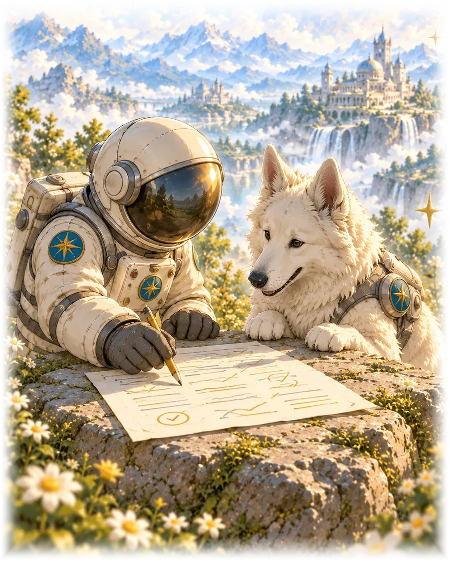 Odręcznie zapisana kartka leży na kamieniu, pokryta miękkimi złotymi podkreśleniami i znakami na marginesie. Astronauta pochyla się nad nią z ołówkiem, pies patrzy z boku.