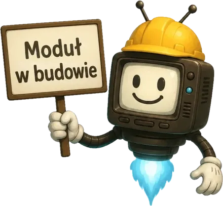 Memento w kasku budowlanym trzyma tabliczkę z napisem: Moduł w budowie.