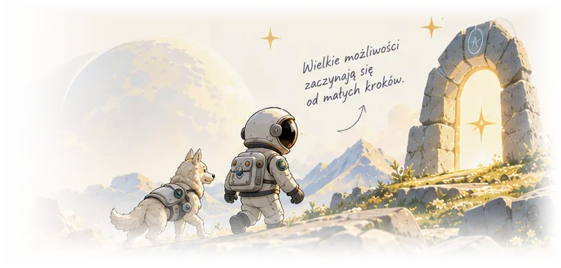 Astronauta i biały owczarek szwajcarski idą kamienistym zboczem w stronę świecącego kamiennego portalu. Odręczny dopisek nad nimi: wielkie możliwości zaczynają się od małych kroków.
