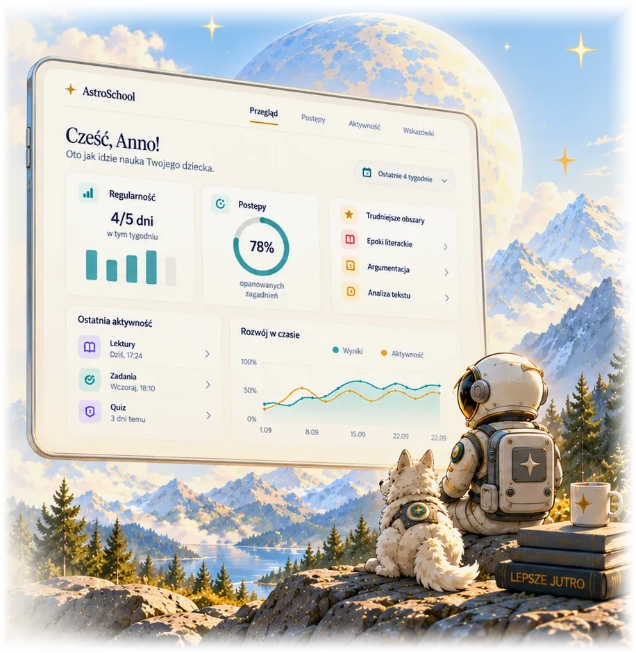 Astronauta z psem siedzą na skale nad doliną i patrzą w duży tablet z panelem rodzica: regularność 4/5 dni, 78% opanowanych zagadnień, ostatnia aktywność i wykres rozwoju w czasie.